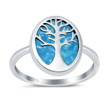 Oval Tree of Life Ring Lab Created Blue Opal Rhodium Plated 925 Sterling Silver